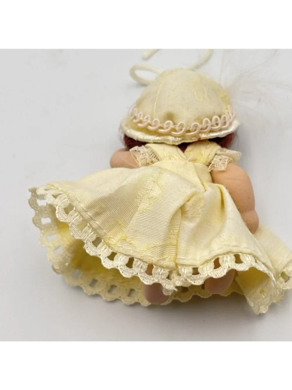 Miniature Porcelain Victorian Doll Christmas Ornament Cream Dress Beaded Hat 2”